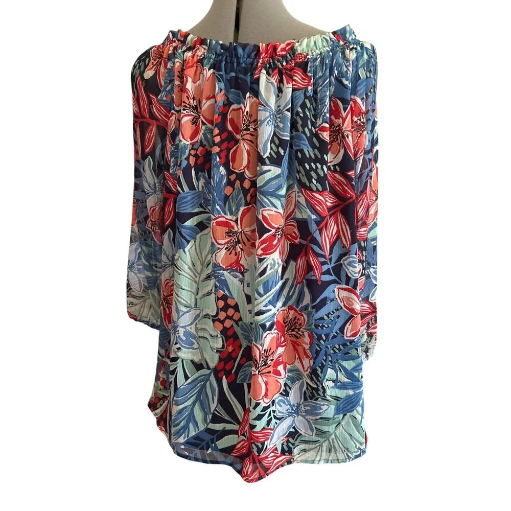 Jones New York Pacific Navy Multi Floral Print Lined Off-Shoulder Blouse PXL - Picture 3 of 8
